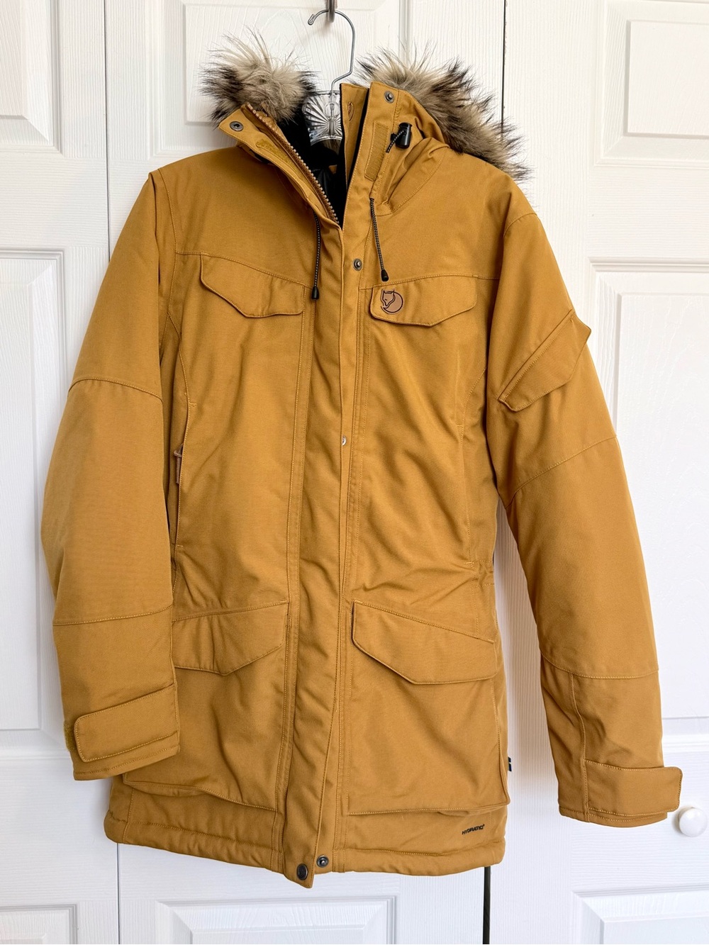 Fjallraven Women’s Nuuk Insulated Parka in Mustard Yellow with Faux-Fur Hood